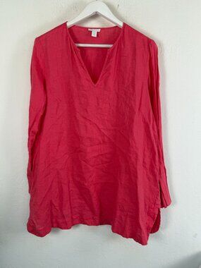 Saks Fifth Avenue Linen Tunic Blouse Coral Pink V-Neck Popover Side Slit Lage